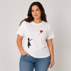 Banksy Girl with Balloon T-Shirt Men's L White Red Heart Graphic Tee Street Art